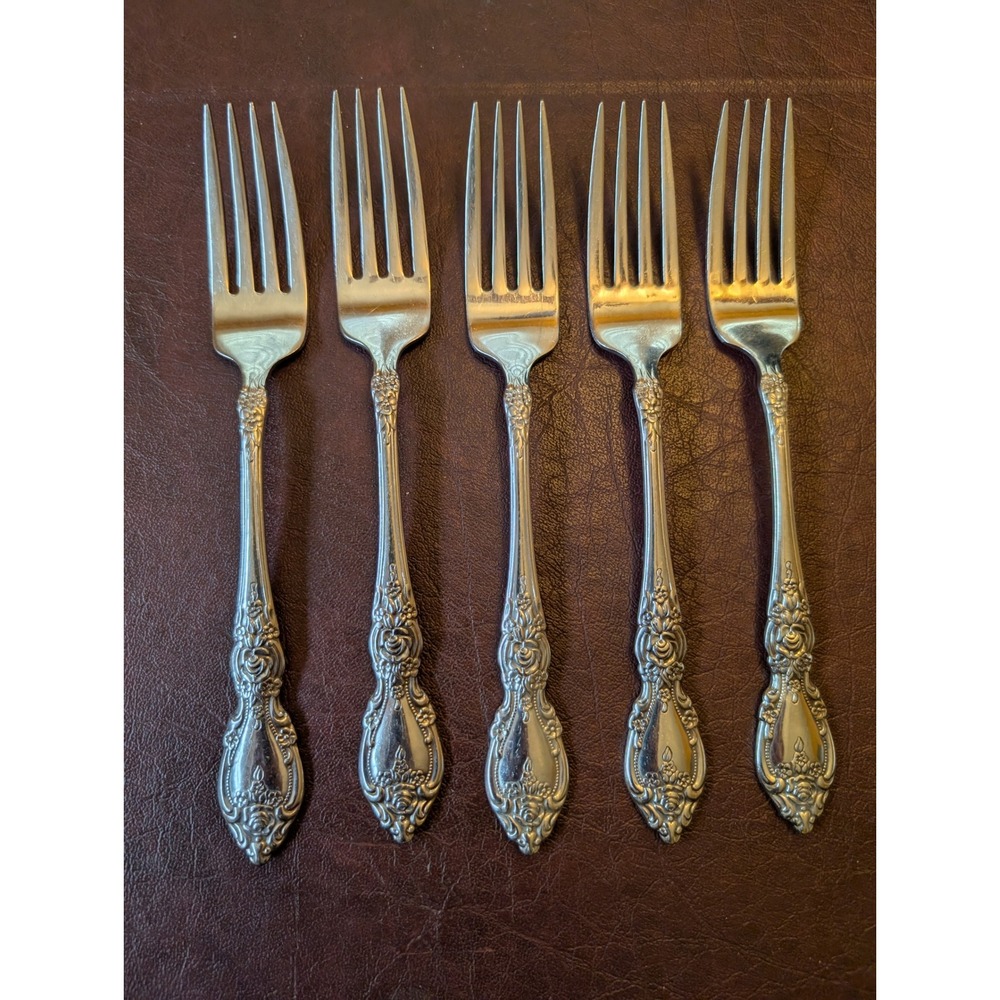 Oneida Wordsworth Stainless Flatware Dinner Forks Set of 5 Floral Rose USA